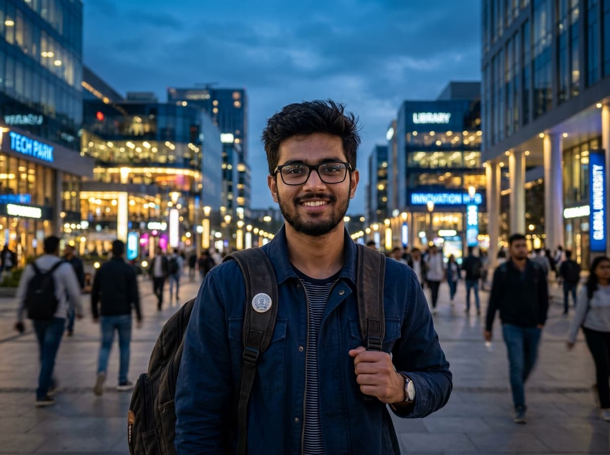 Determined Indian student with backpack looking forward to a bright technology career