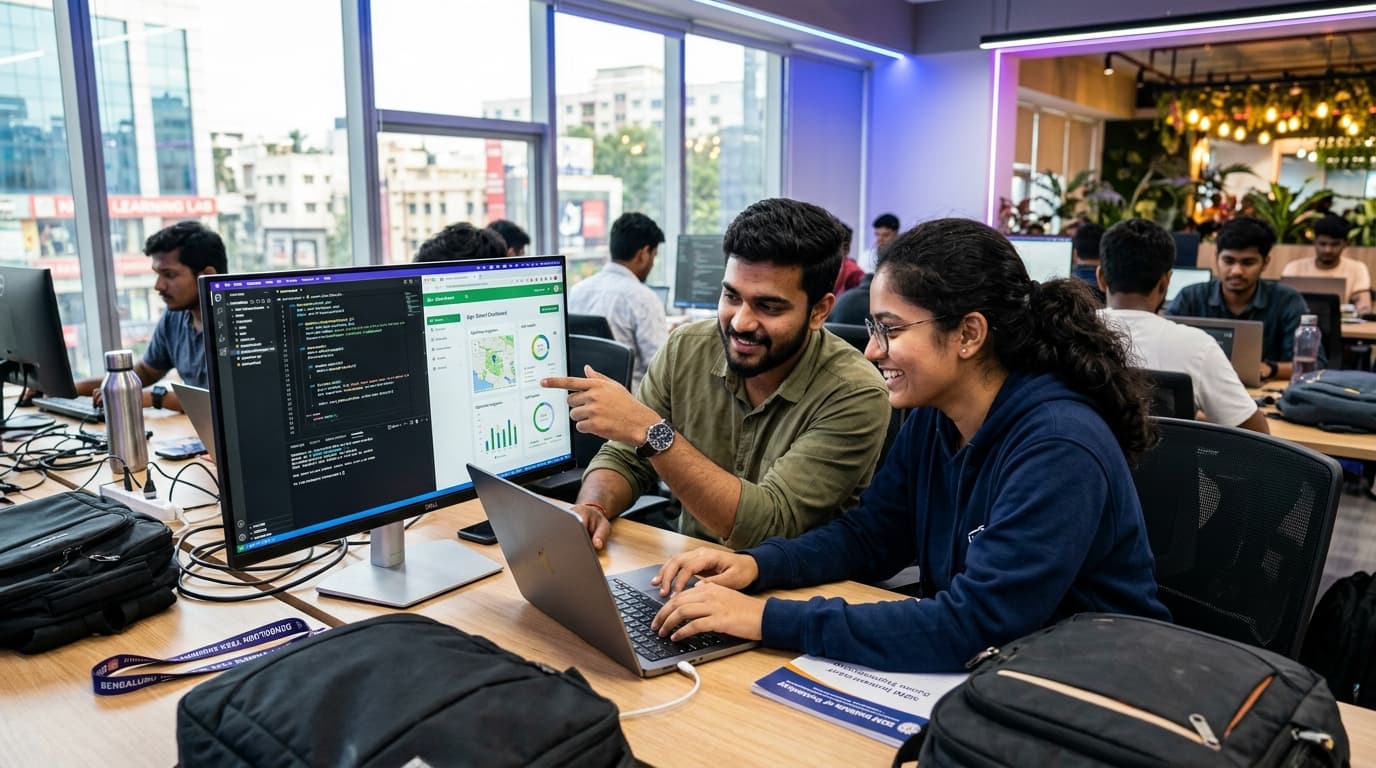Indian college students working on full-stack web development code